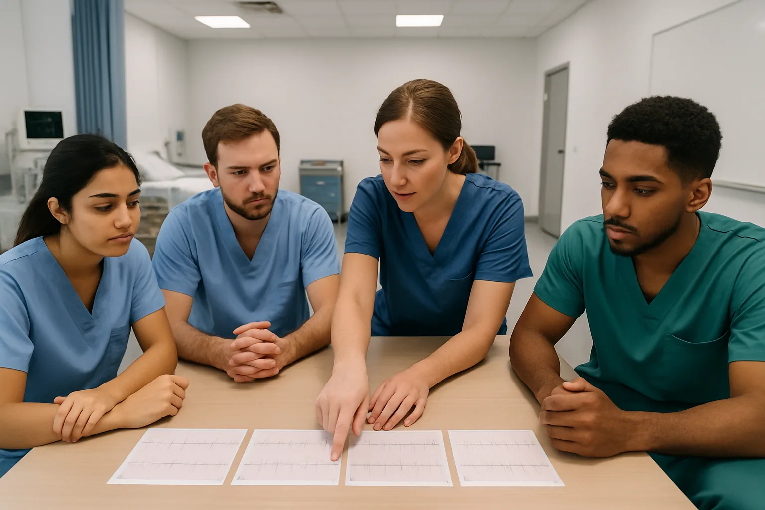 Healthcare professionals reviewing ECG rhythm strips during an ACLS certification course in Kuwait